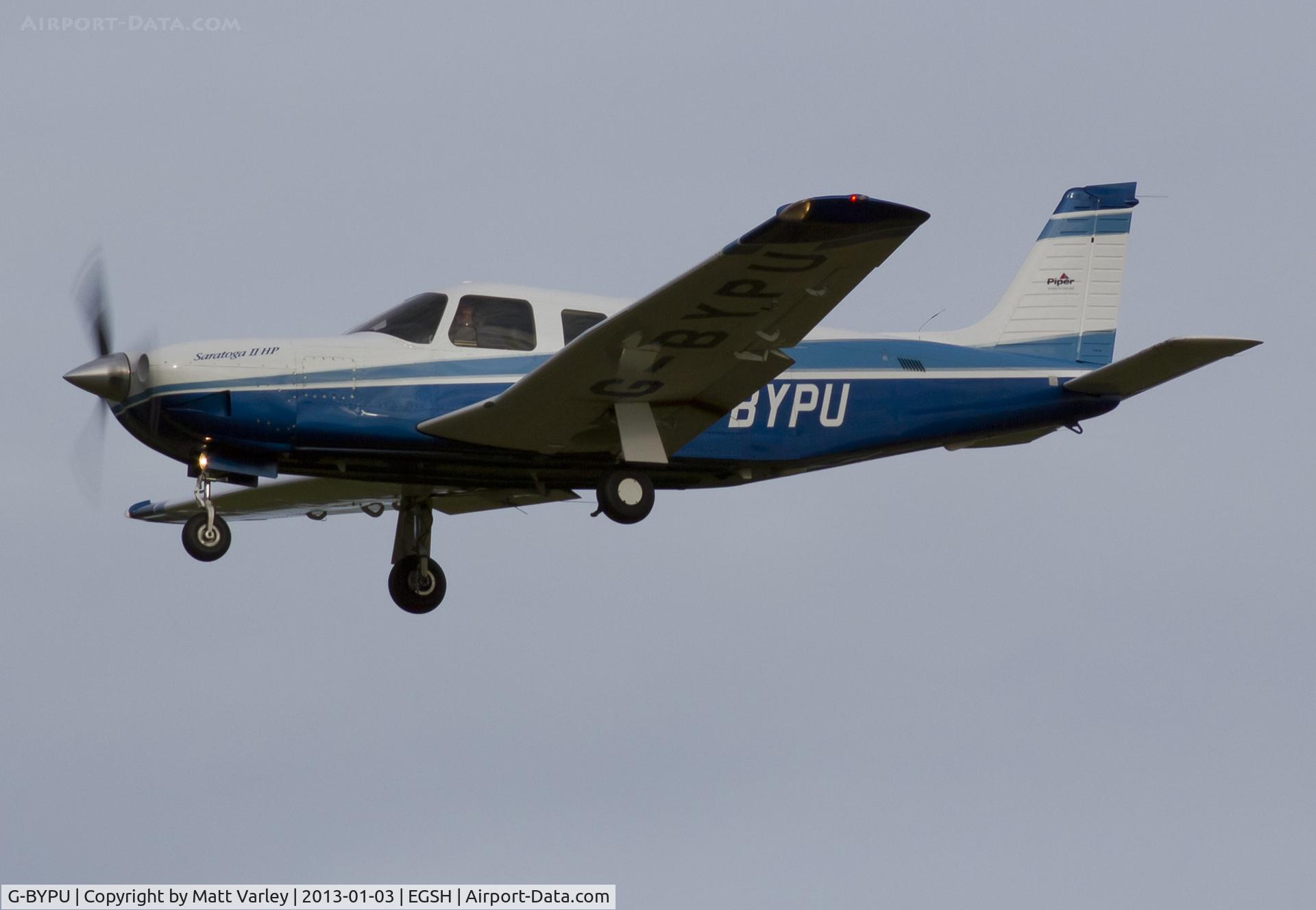 G-BYPU, 1999 Piper PA-32R-301 Saratoga SP C/N 3246150, On approach at EGSH.
