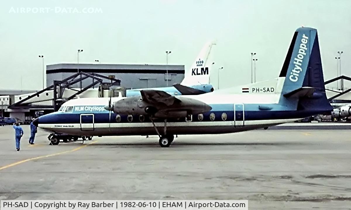 PH-SAD, 1965 Fokker F-27 Friendship 200 C/N 10272, Fokker F-27 Friendship 200 [10272] (NLM Cityhopper) Amsterdam-Schiphol~PH 10/06/1982. Image taken from a slide.