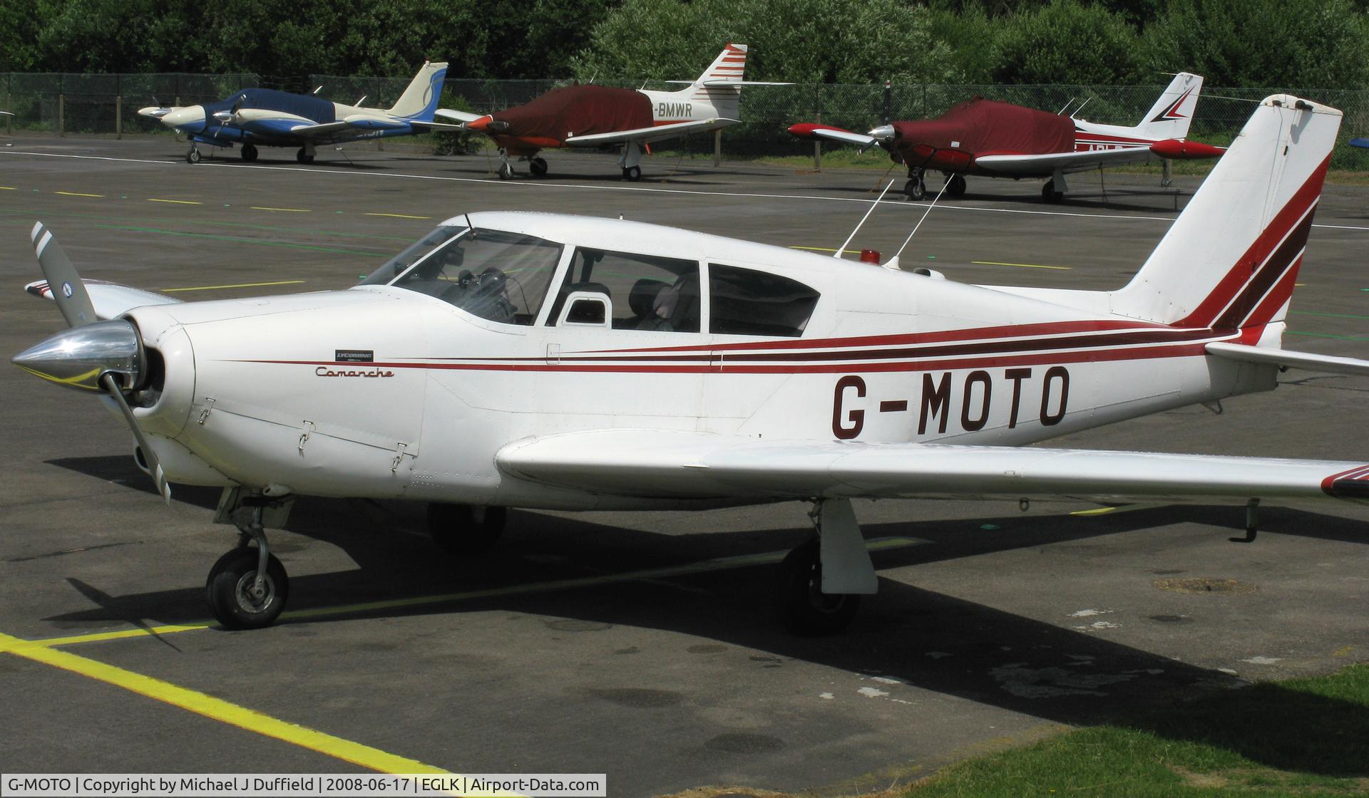 G-MOTO, 1962 Piper PA-24-180 Comanche Comanche C/N 24-3239, 1962 PA-24 Comanche seen at Blackbushe on 17th June 2008; originally G-ASFH, then G-EDHE before becoming G-MOTO in 1987