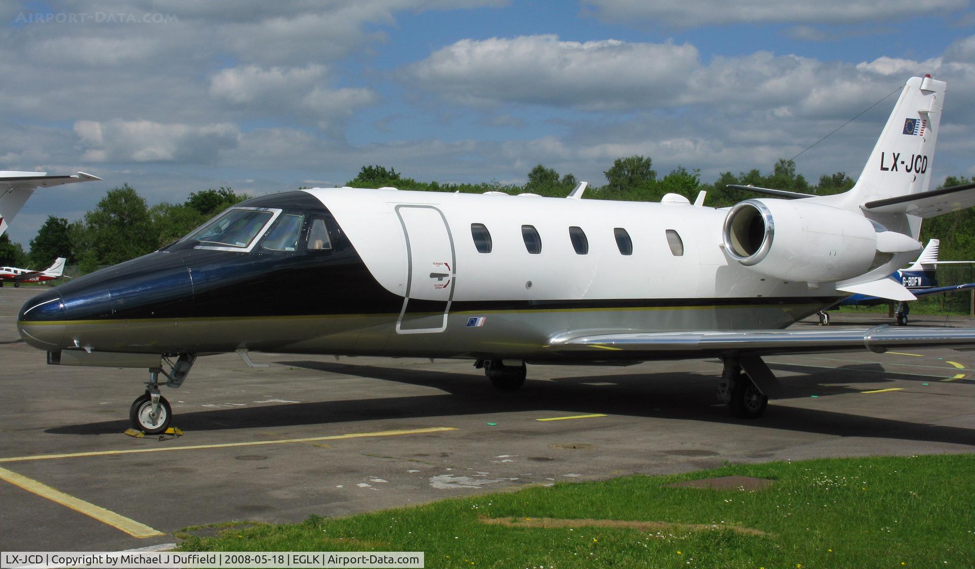 LX-JCD, 2000 Cessna 560 Citation Excel C/N 560-5104, Citation Excel LX-JCD seen occupying the No. 1 slot on the ramp at Blackbushe on 18th May 2008