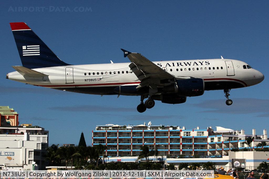 N738US, 2000 Airbus A319-112 C/N 1254, Over famous Maho Beach