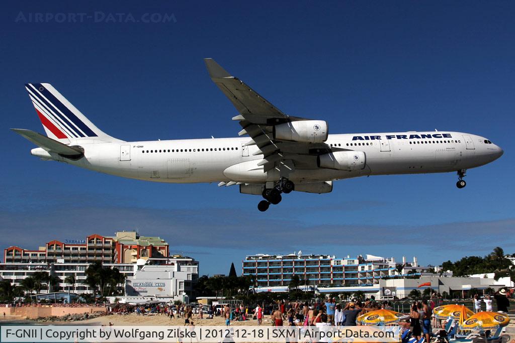 F-GNII, 2001 Airbus A340-313X C/N 399, Over famous Maho Beach