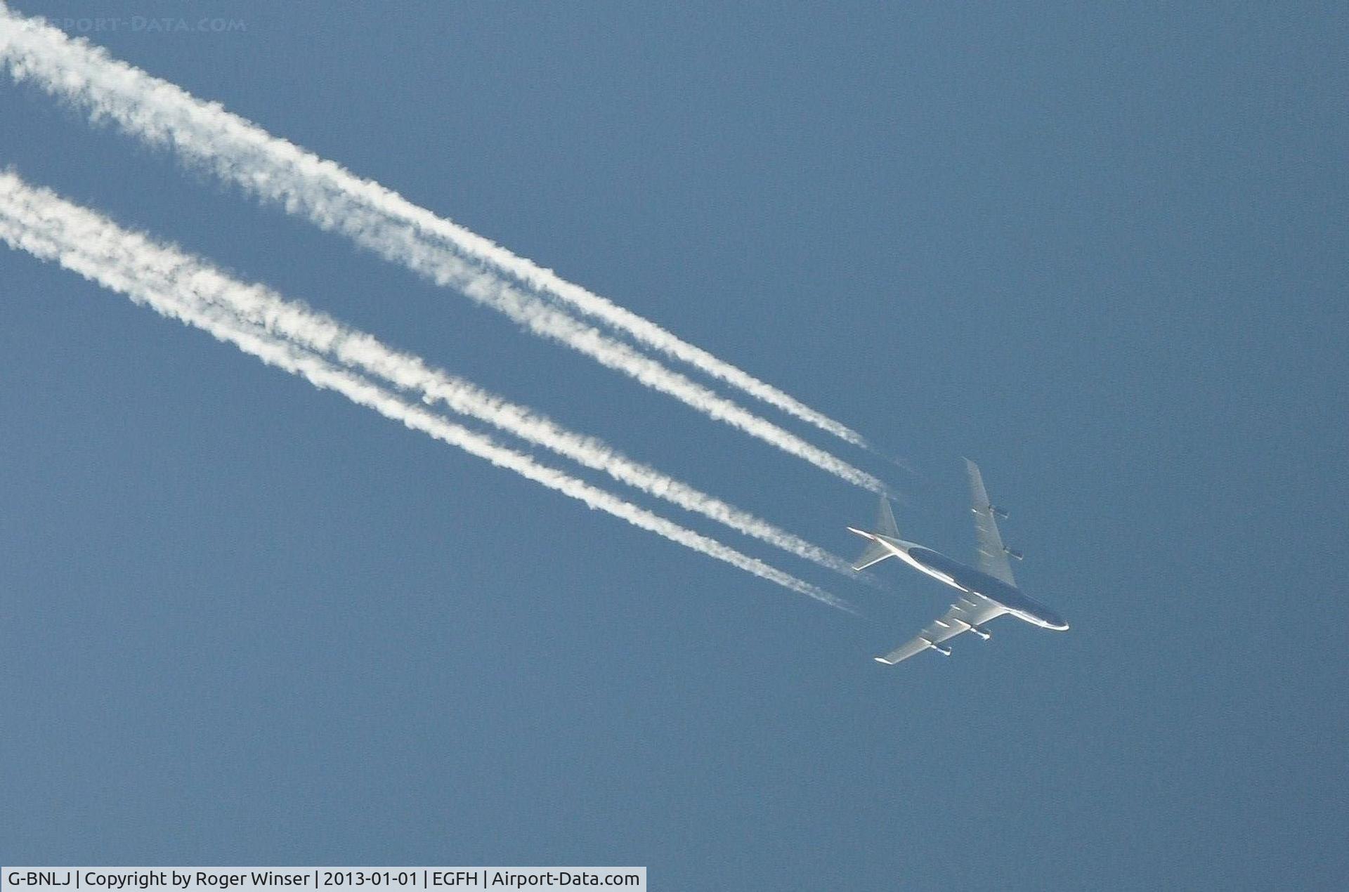 G-BNLJ, 1990 Boeing 747-436 C/N 24052, British Airways B744 'City of Nottingham' south westbound over Swansea Airport at 32000 feet.