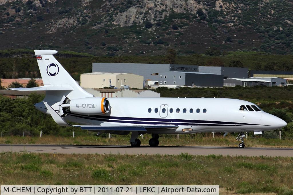 M-CHEM, 2007 Dassault Falcon 2000EX C/N 128, thrust reversers deployed after landing on runway 18