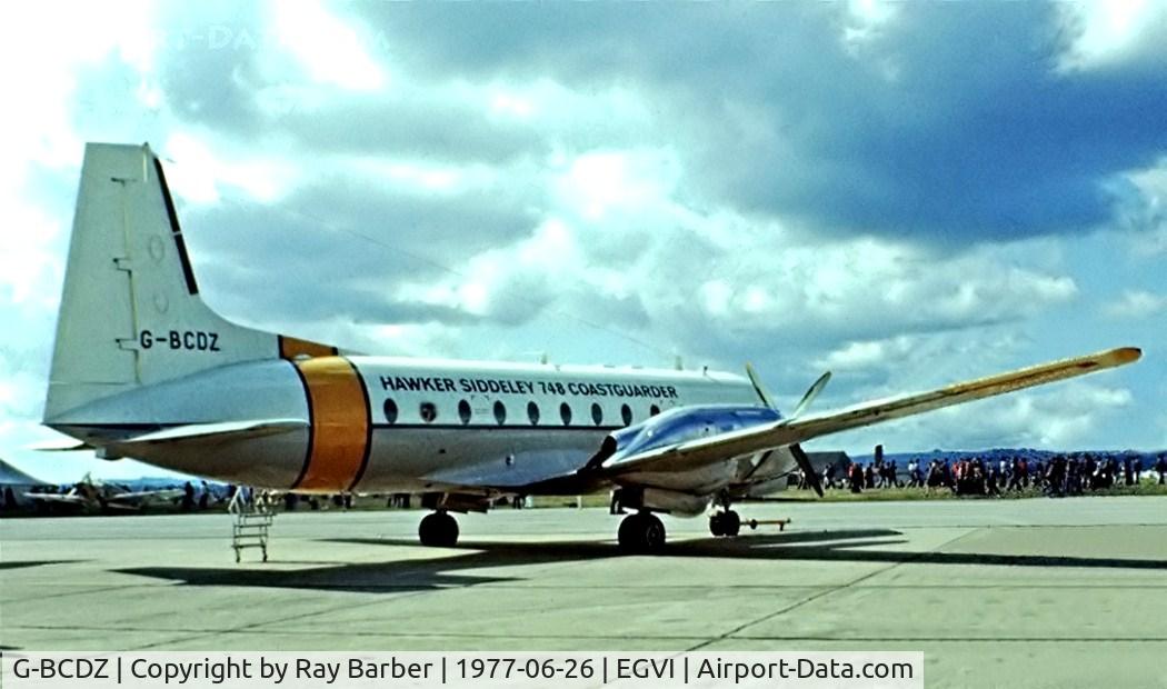G-BCDZ, 1968 Hawker Siddeley HS-748 Series 2A/227 C/N 1662, Avro 748 2A/210 [1662] (Hawker Siddeley Aviation Ltd) RAF Greenham Common~G 26/06/1977. Image taken from a slide.