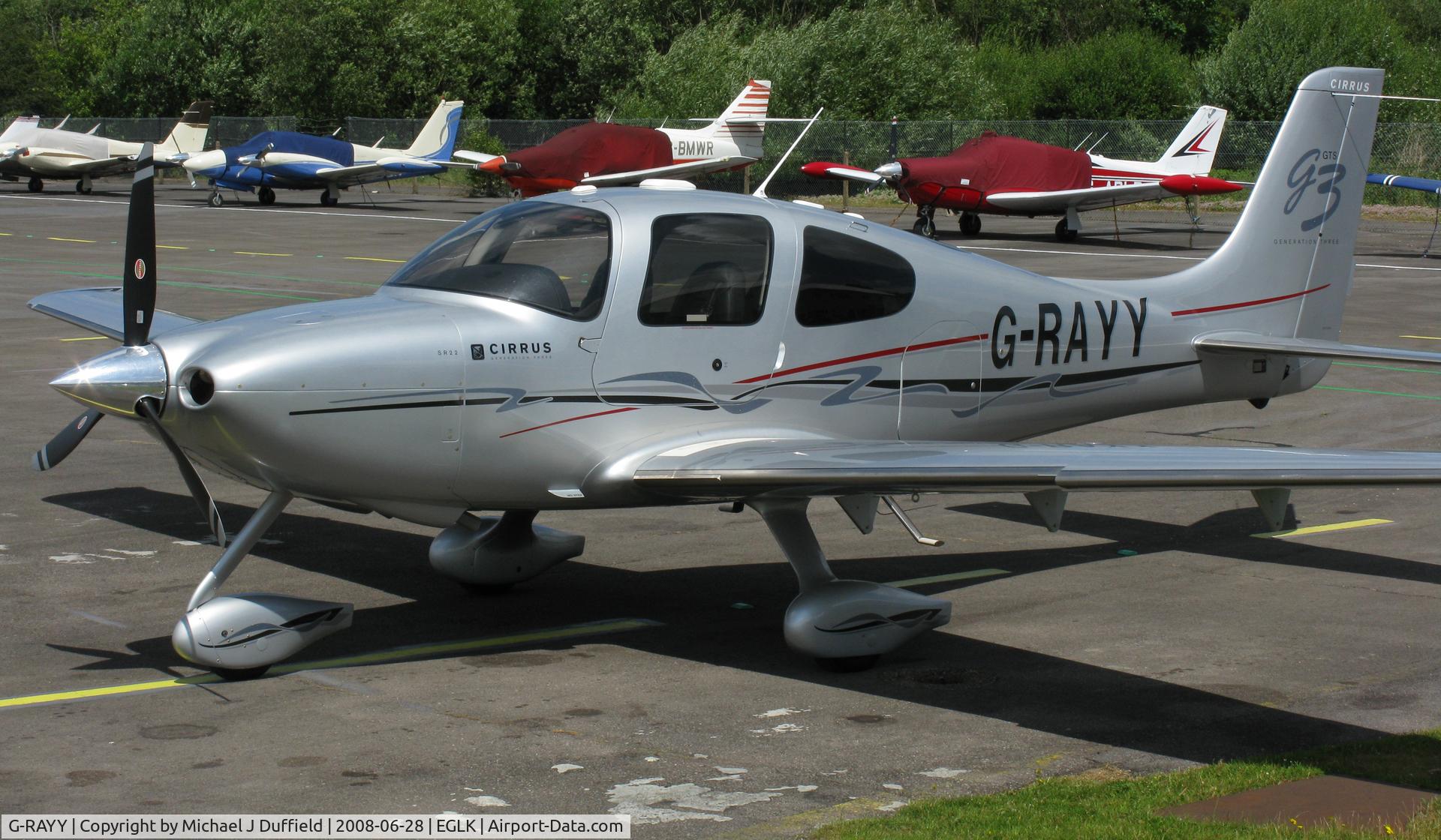 G-RAYY, 2008 Cirrus SR22 G3 GTS C/N 2921, Visiting Cirrus SR-22 parked on the No.1 slot at Blackbushe on 28th June 2008