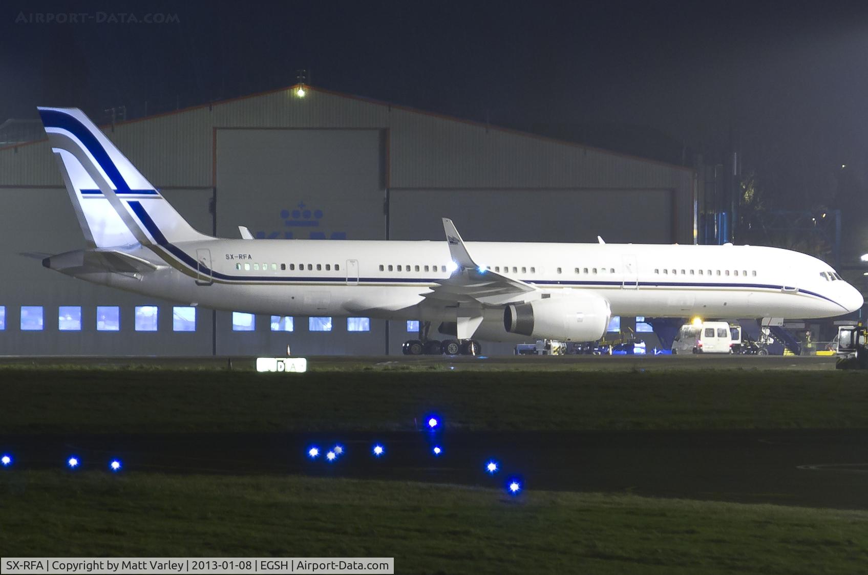 SX-RFA, 1999 Boeing 757-23N C/N 30232, Sat on stand 5 at EGSH.