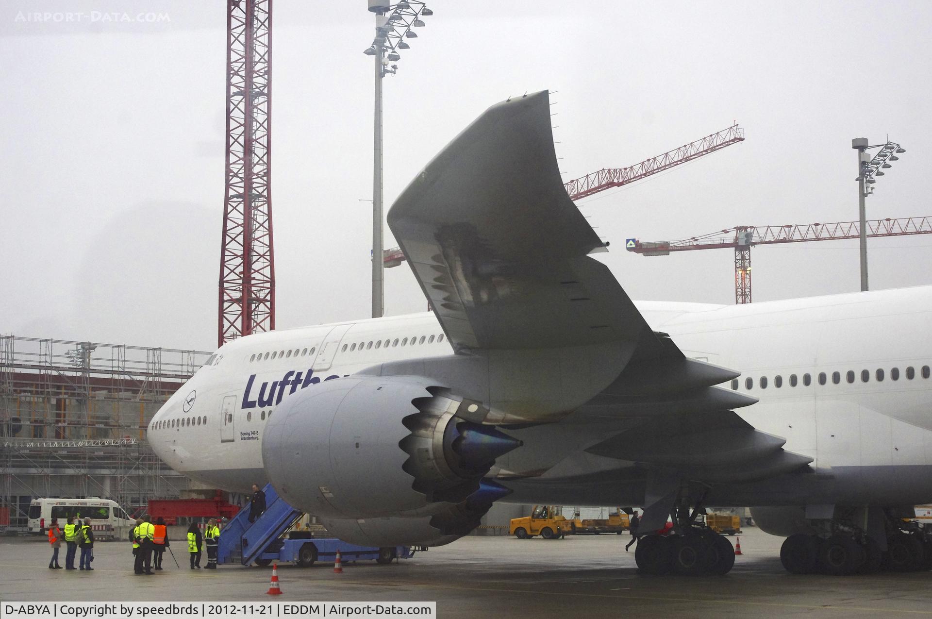 D-ABYA, 2012 Boeing 747-830 C/N 37827, Lufthansa 'Brandenburg' Boeing 747-8i on press tour in Munich Flughafen preparing to depart for Dusseldorf Flughafen.