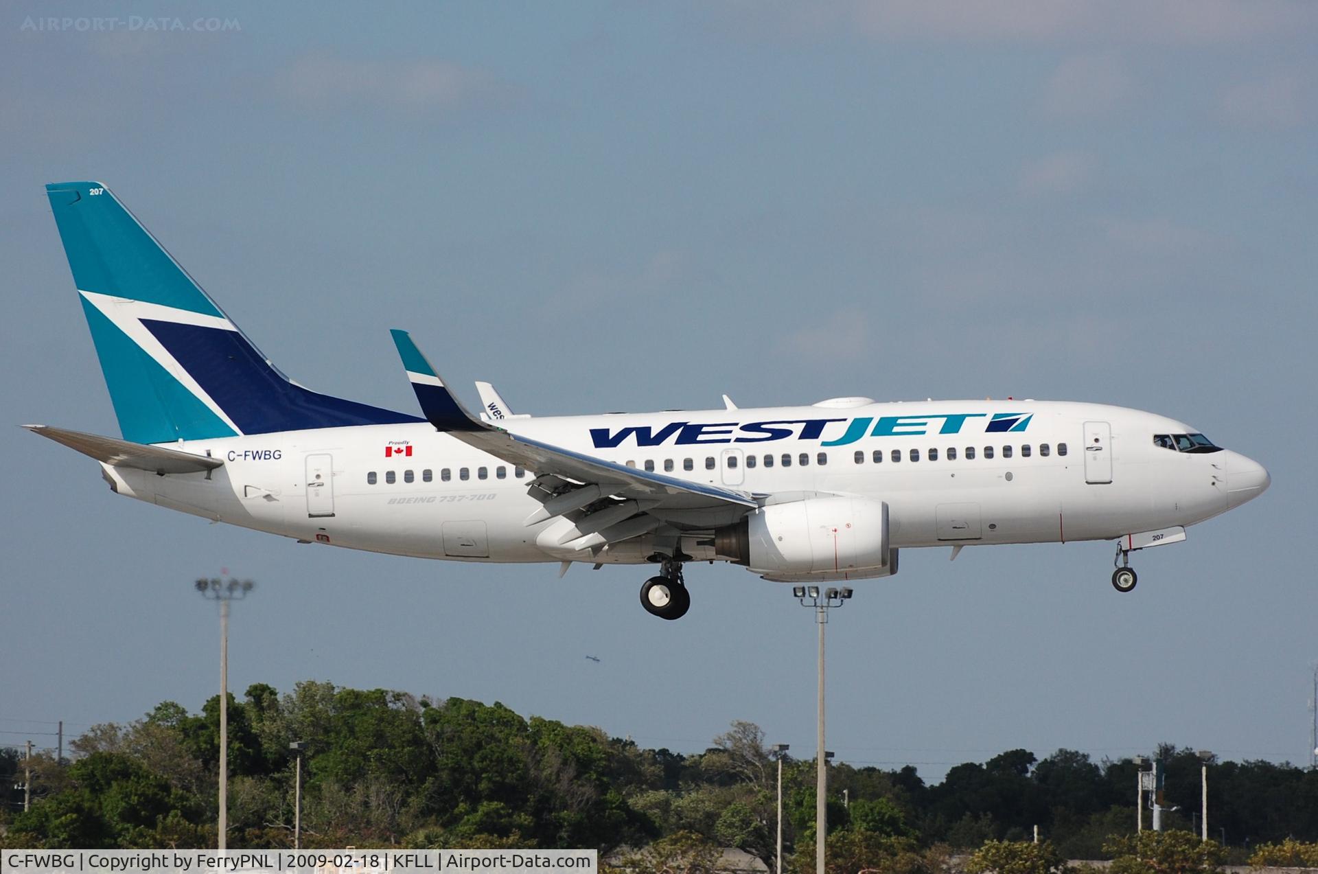 C-FWBG, 2003 Boeing 737-7CT C/N 32749, Westjet arriving in warm FLL