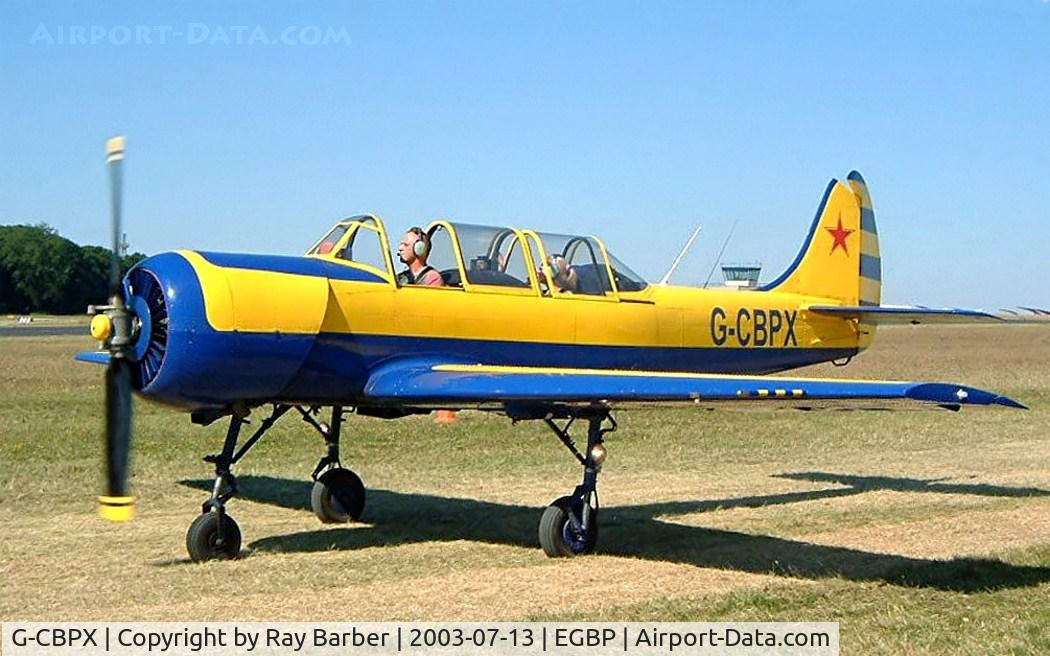 G-CBPX, 1989 Bacau Yak-52 C/N 8910004, Yakovlev Yak-52 [8910004] Kemble~G 13/07/2003. Became South African registered in 2005.