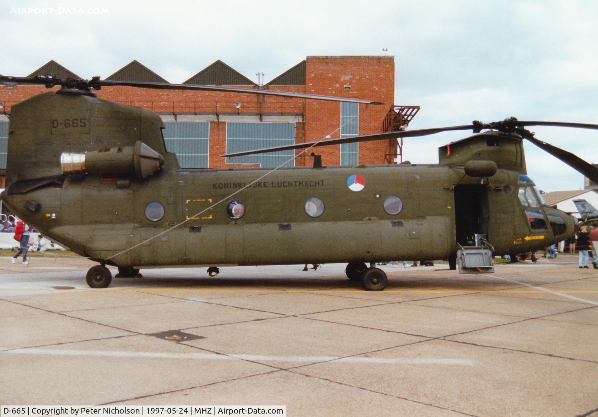 D-665, Boeing CH-47D Chinook C/N M.3665/NL-005, CH-47D Chinook, callsign Delta 665, of the Royal Netherlands Air Force's 298 Squadron on display at the 1997 RAF Mildenhall Air Fete.