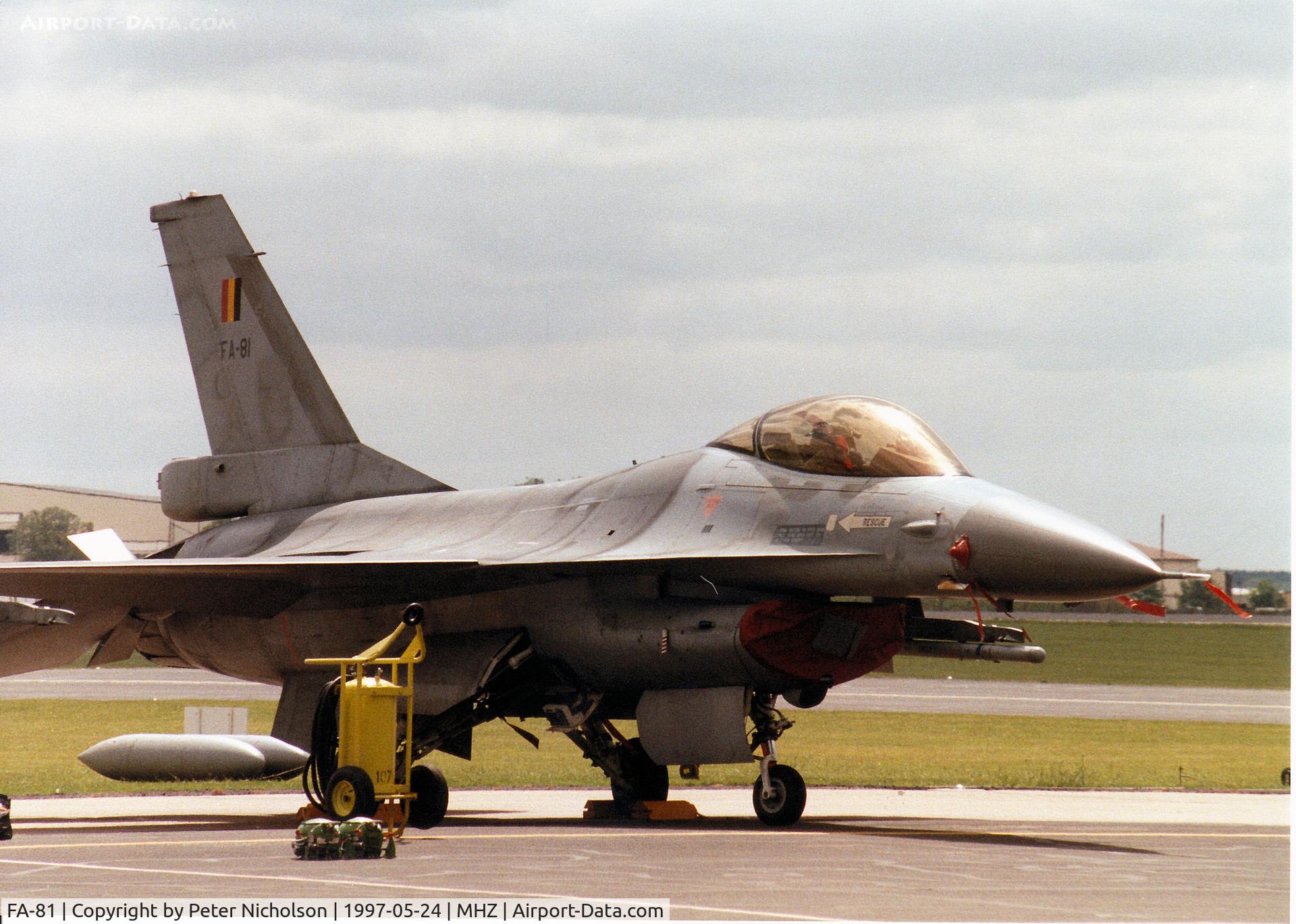 FA-81, SABCA F-16AM Fighting Falcon C/N 6H-81, Another view of the 2 Wing Belgian Air Force's F-16A Falcon, callsign Bull 11, on the flight-line at the 1997 RAF Mildenhall Air Fete.
