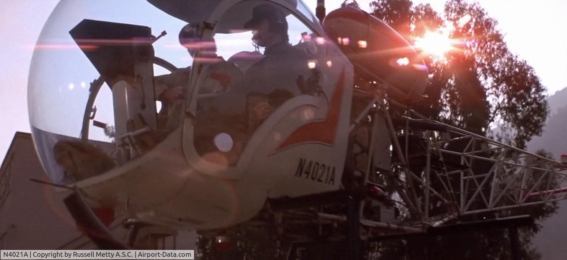 N4021A, Bell 47G-2 C/N 1879, A still from the 1971 film 'The Omega Man' starring Charlton Heston. This shot shows the Bell 47G N4021A in a flashback scene early in the movie.