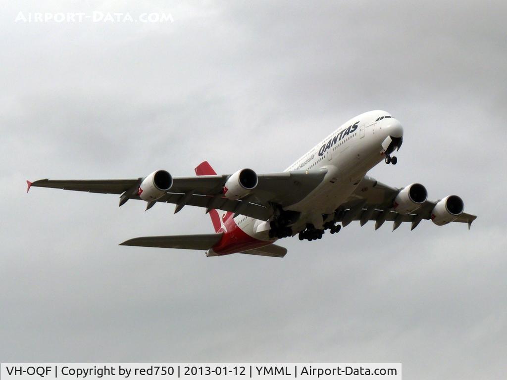 VH-OQF, 2009 Airbus A380-842 C/N 029, VH-OQF departing Rwy 16, YMML