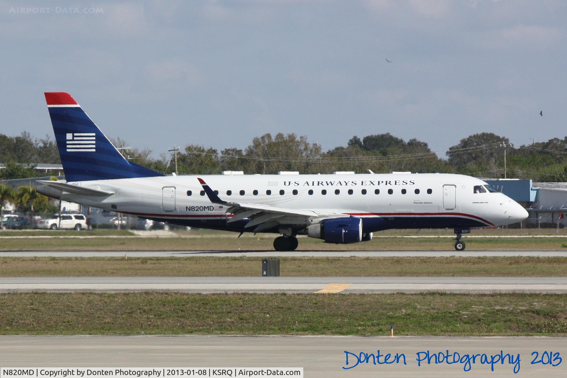 N820MD, 2004 Embraer 170SU (ERJ-170-100SU) C/N 17000041, US Air Flight 3327 operated by Republic (N820MD) arrives at Sarasota-Bradenton International Airport following a flight from Reagan National Airport