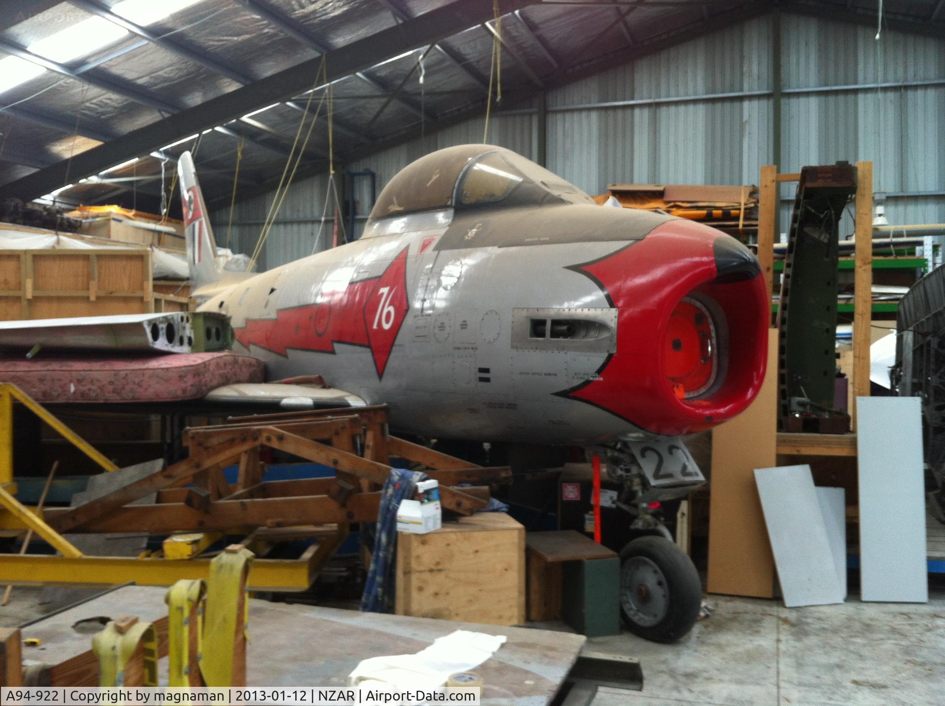 A94-922, 1955 Commonwealth CA-27 Sabre Mk.31 C/N CA27-22, In back of hangar at Ardmore awaiting restoration.