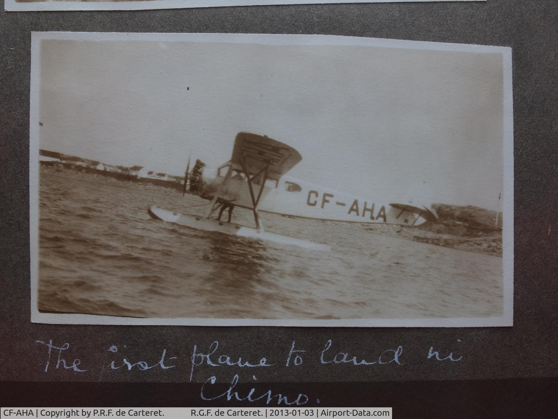 CF-AHA, Fairchild 71 C/N 677, Not your plane   but the same reg  Photo  by my father  1929/30 at Fort Chimo Ungava Bay    Was a fur trapper for RF then the HB   I have two other pics of float planes at Port Harrison  1931   I'm interested to know make . Best regards Rob de Caretert