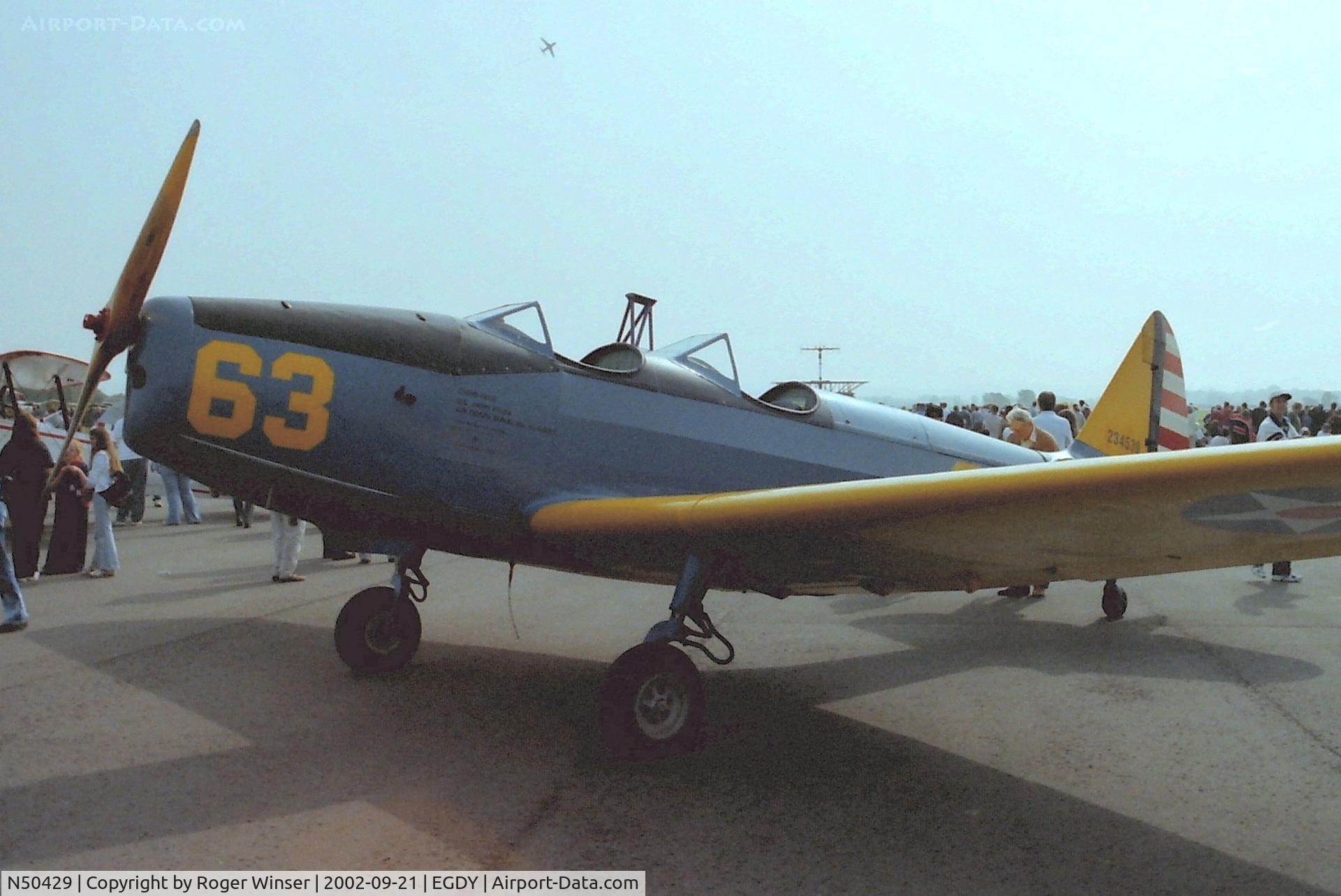 N50429, 1943 Fairchild M-62A C/N T43-5205, Fairchild Cornell primary trainer in USAAC colour scheme. Coded 63 and marked 234539 on static display at the RNAS Yeovilton Air Day 2002. 