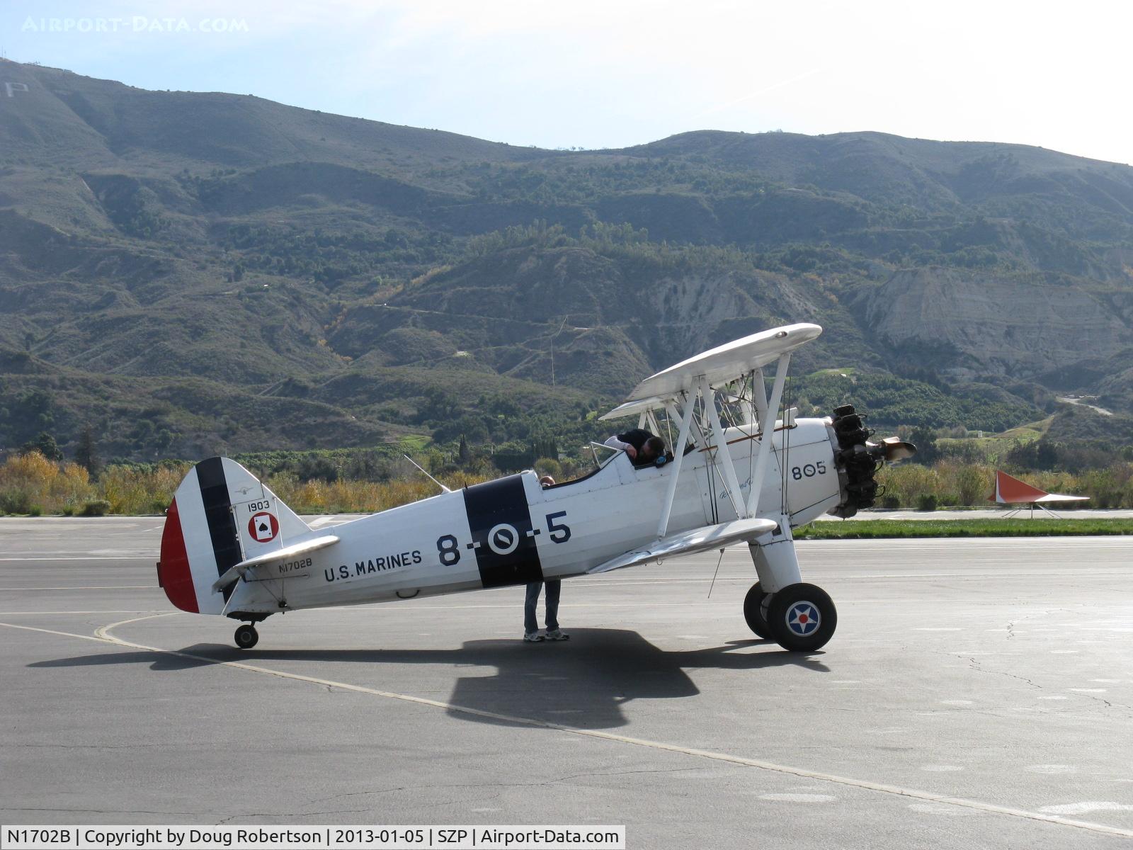 N1702B, 1942 Boeing PT-13D Kaydet (E75) C/N 75-5903, 1942 Boeing Stearman PT-13D 'Ruthies Doll', Continental W670 220 Hp radial, at refueling ramp. See/read  my article on this distinctive aircraft based at SZP on this site.