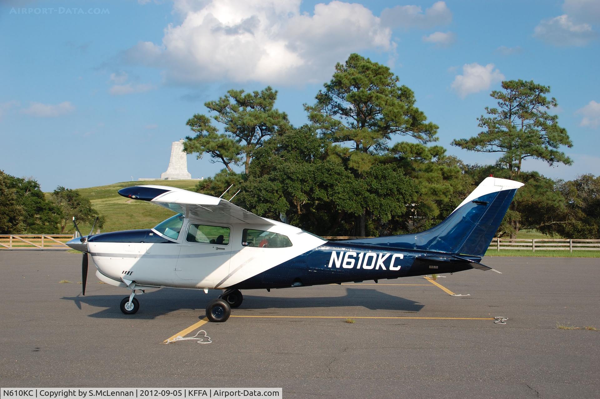 N610KC, 1981 Cessna T210N Turbo Centurion C/N 21064258, Full Aircraft shot with Kitty Hawk in the background.
