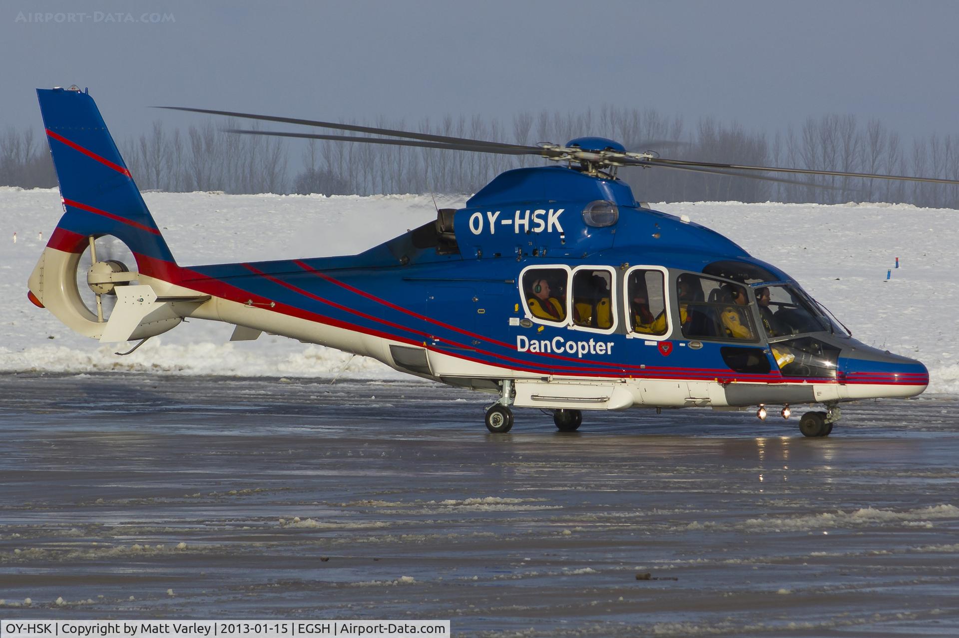 OY-HSK, 2003 Eurocopter EC-155B C/N 6660, Departing SaxonAir in the snow.