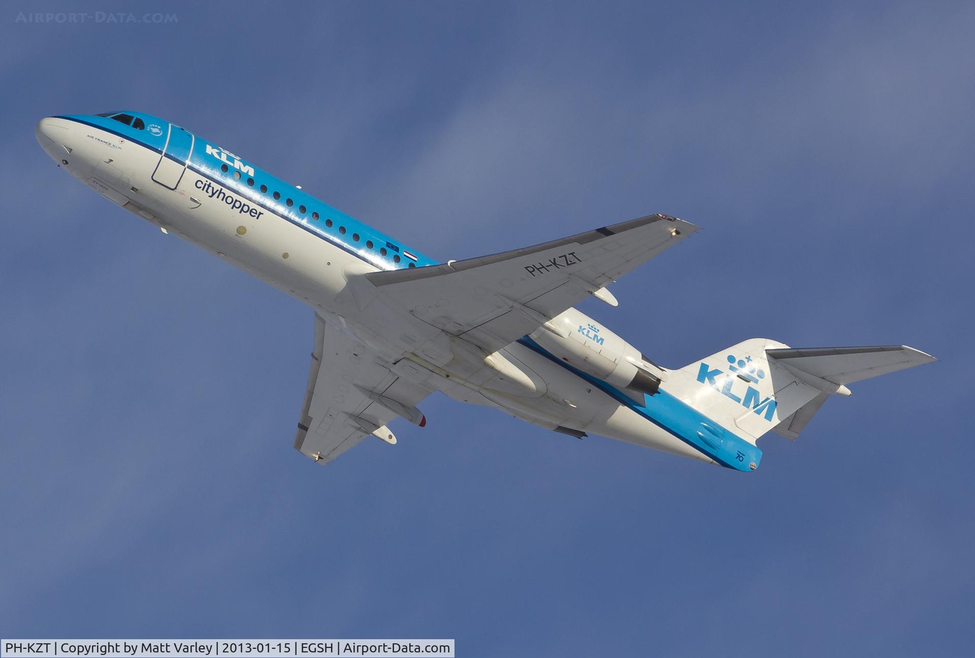 PH-KZT, 1995 Fokker 70 (F-28-0070) C/N 11541, Climbing out of a snowy EGSH.
