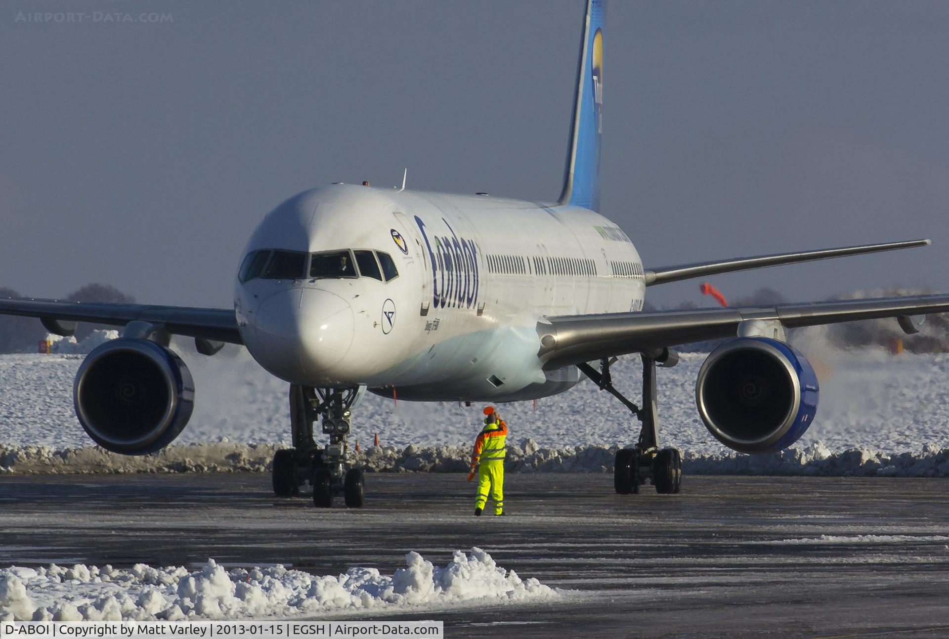 D-ABOI, 2000 Boeing 757-330 C/N 29018, Arriving at a snowy EGSH for spray by Air livery.