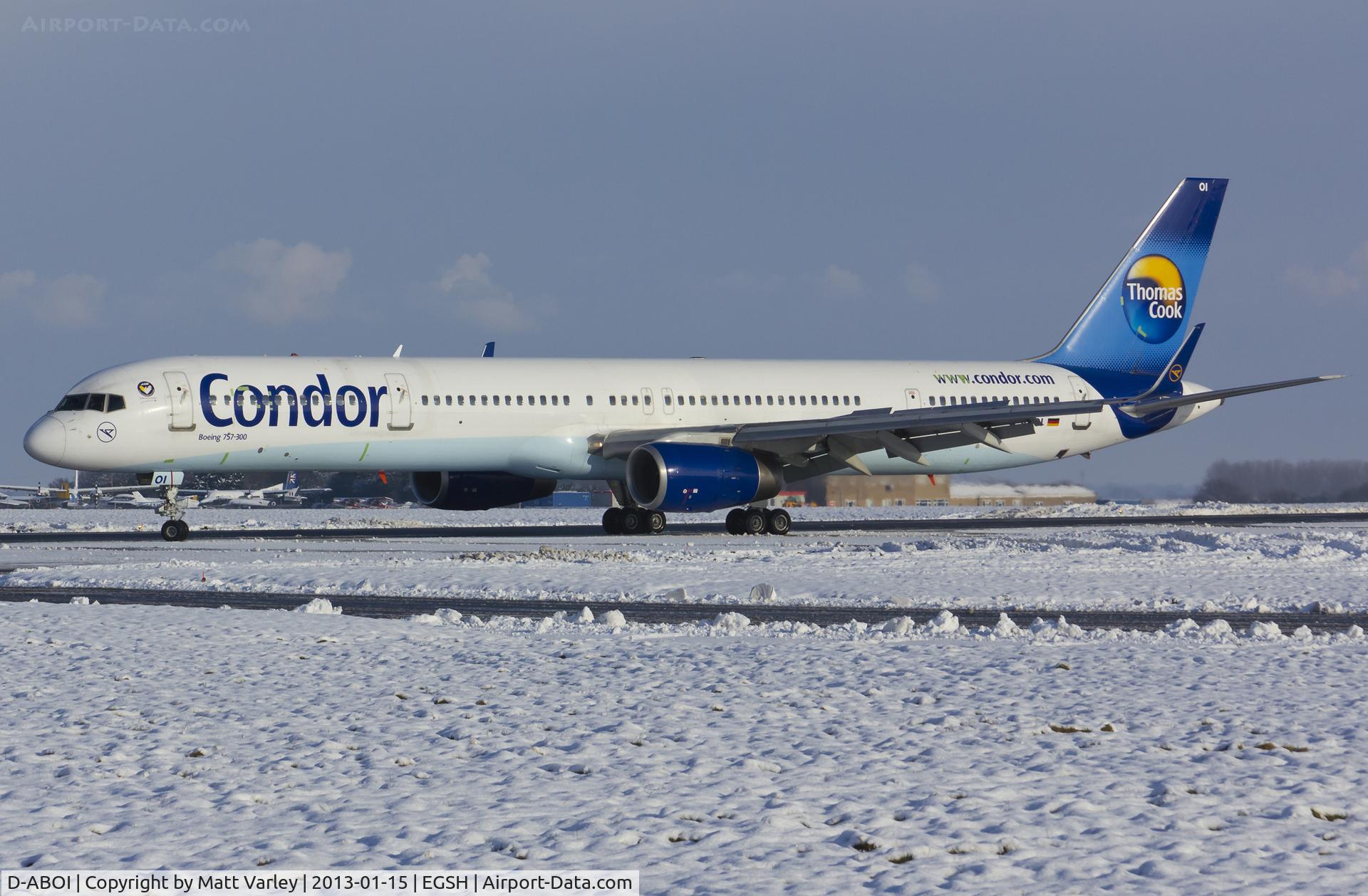 D-ABOI, 2000 Boeing 757-330 C/N 29018, Arriving at a snowy EGSH for spray by Air livery.