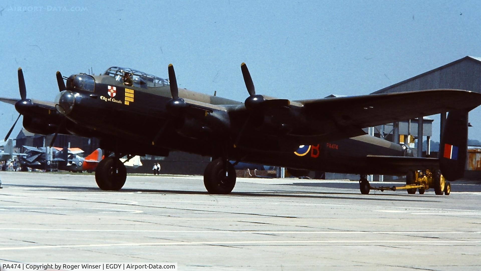 PA474, 1945 Avro 683 Lancaster B1 C/N VACH0052/D2973, BBMF Lancaster coded KM-B to represent a 44 Squadron RAF aircraft 'City of Lincoln'. At the RNAS Yeovilton Naval Air Day 1979. 