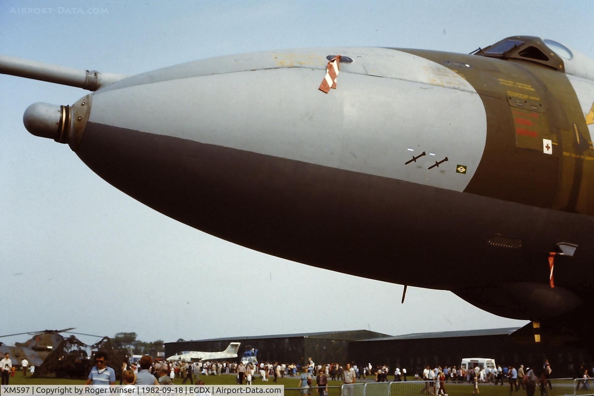 XM597, 1963 Avro Vulcan B.2 C/N Set 61, With a replacement refuelling probe fitted, 44 Squadron's Vulcan XM597 was on static display at the RAF St Athan Battle of Britain Air Show 1982.
