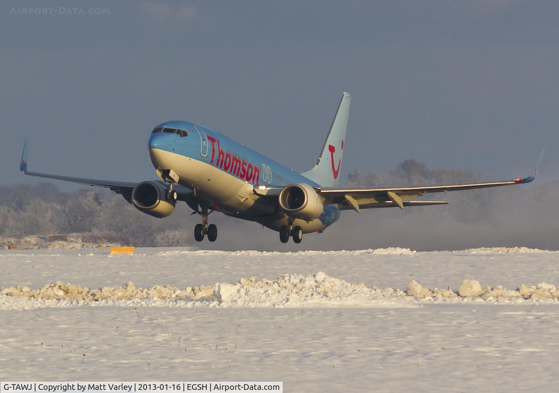 G-TAWJ, 2012 Boeing 737-8K5 C/N 38108, Climbing out of a snowy EGSH.
