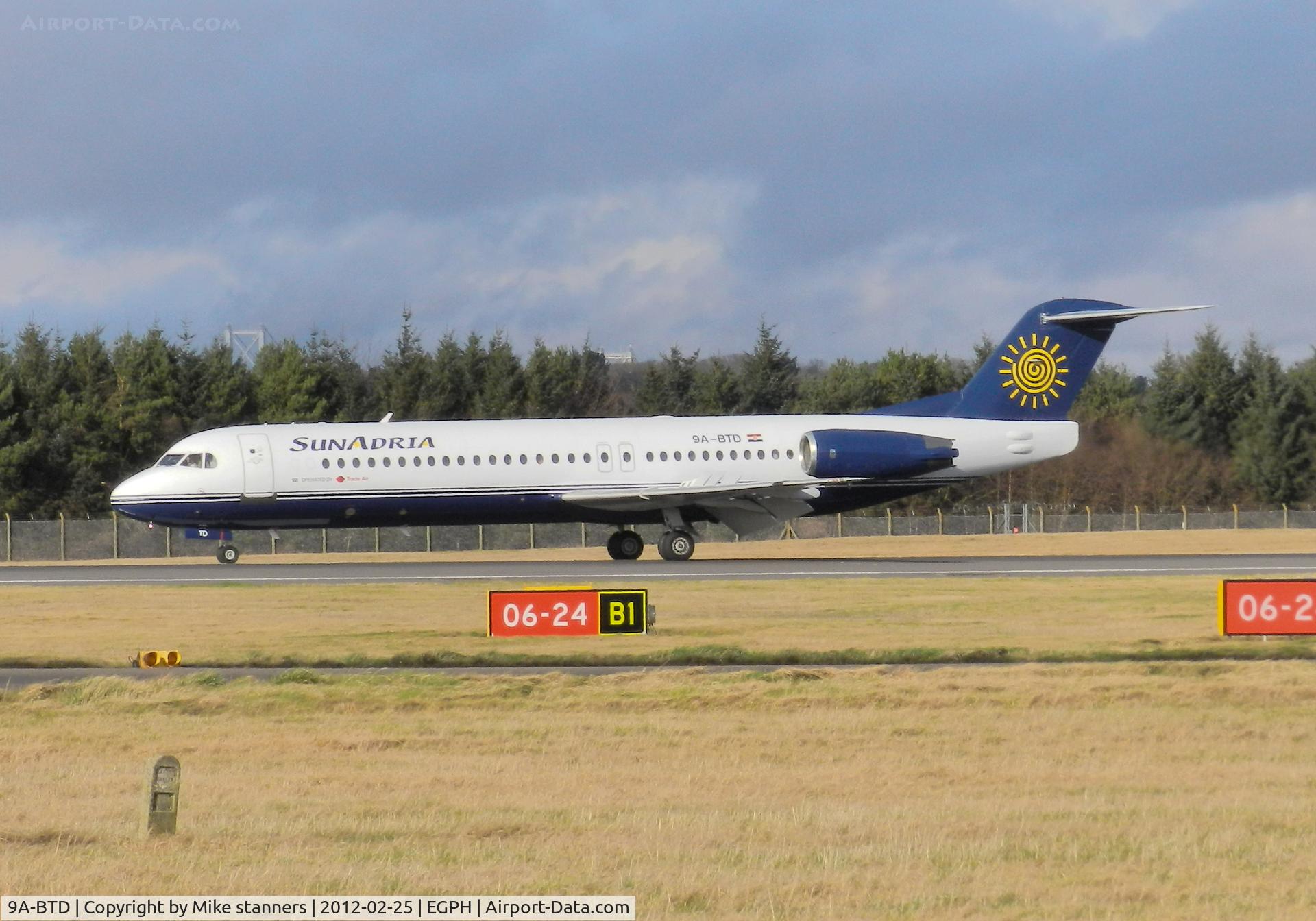 9A-BTD, 1992 Fokker 100 (F-28-0100) C/N 11407, Sun Adria,F100 Arrives at EDI On a rugby charter flight