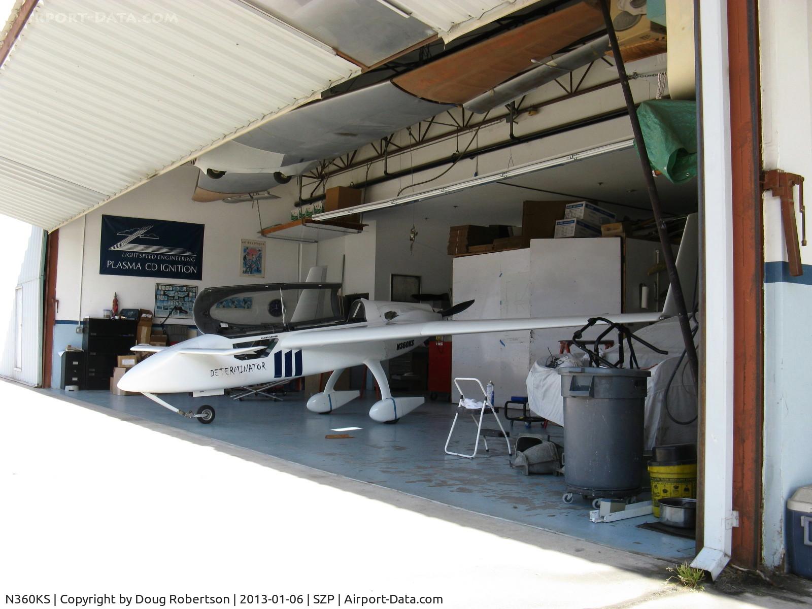 N360KS, Rutan Long-EZ C/N SEZ-1, Klaus Savier SAVIER EZ one-off canard pusher 'Determinator', Lycoming O-360 @250 Hp, special fuel-injection system, Plasma CDI ignition, oil cooler mods, in Klaus's Light Speed Engineering hangar. 8,000 customers worldwide!