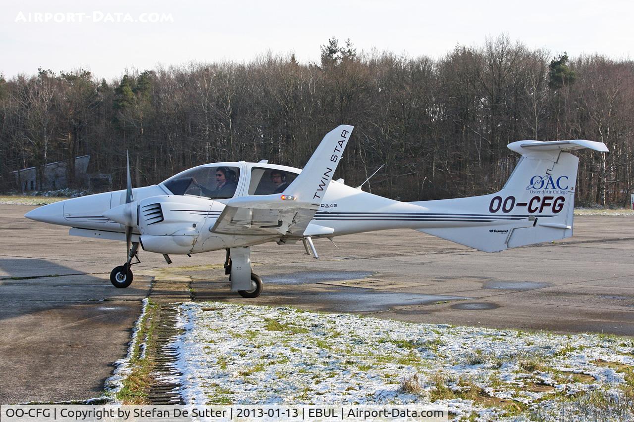 OO-CFG, 2007 Diamond DA-42 Twin Star C/N 42.331, Parked at Aeroclub Brugge.