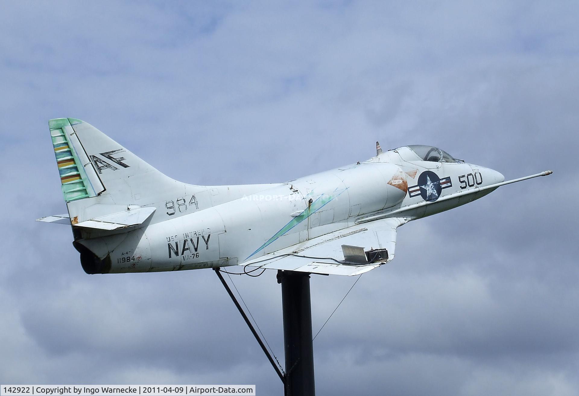 142922, Douglas A-4B Skyhawk C/N 11984, Douglas A-4B Skyhawk on a pole outside the Tillamook Air Museum, Tillamook OR