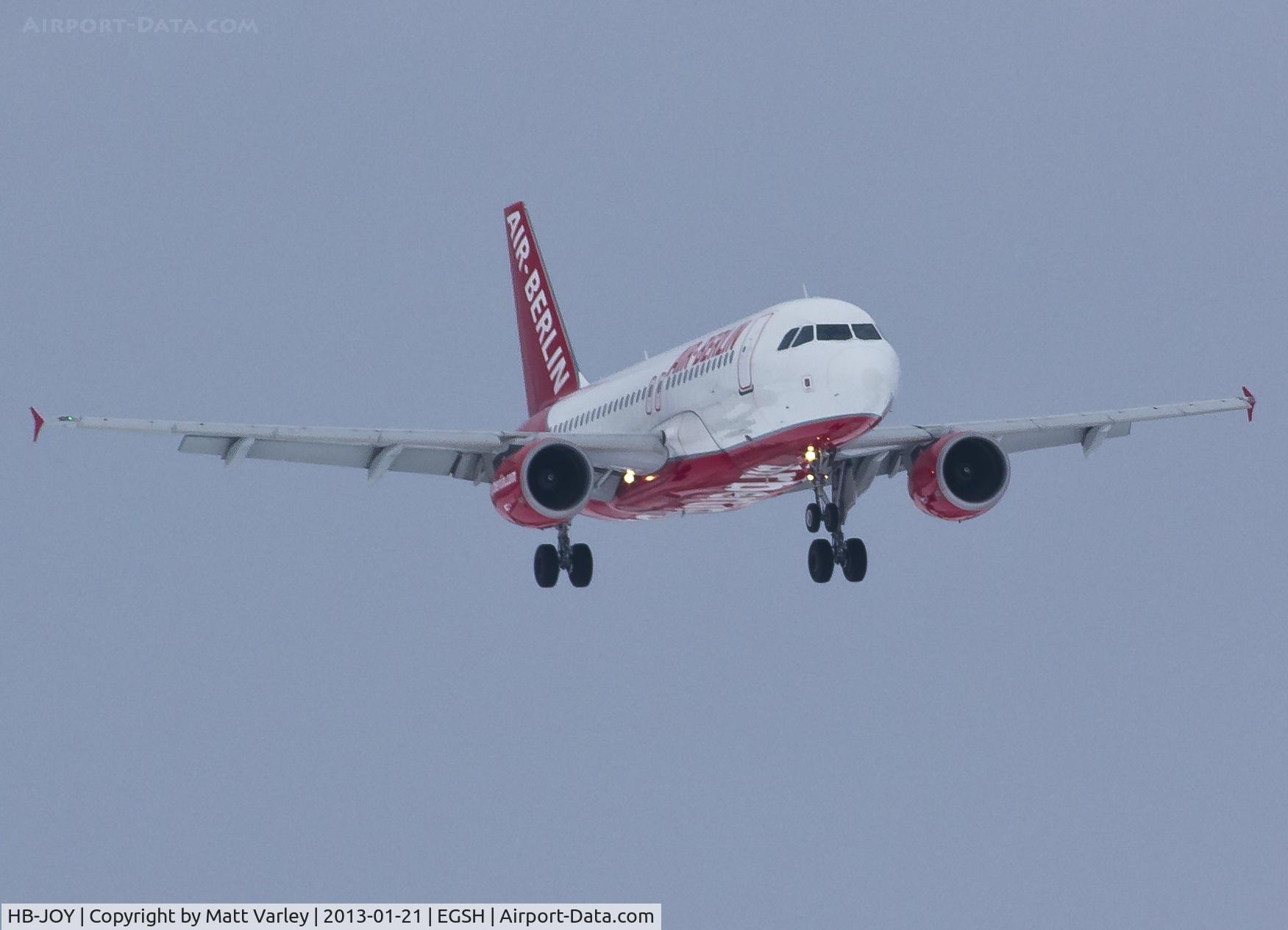 HB-JOY, 2007 Airbus A319-111 C/N 3245, Arriving at a snowy EGSH for spray by Air Livery.