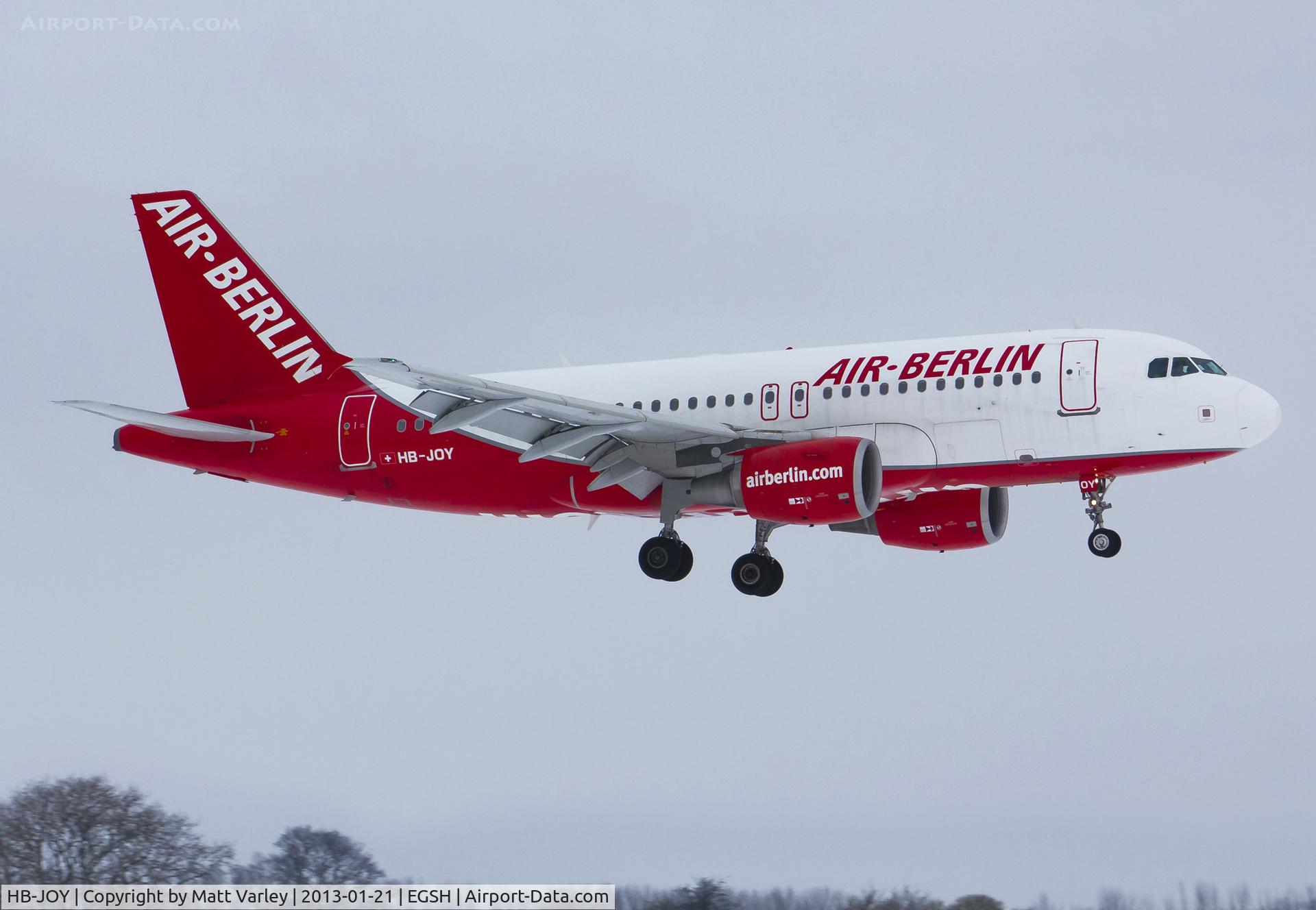 HB-JOY, 2007 Airbus A319-111 C/N 3245, Arriving at a snowy EGSH for spray by Air Livery.