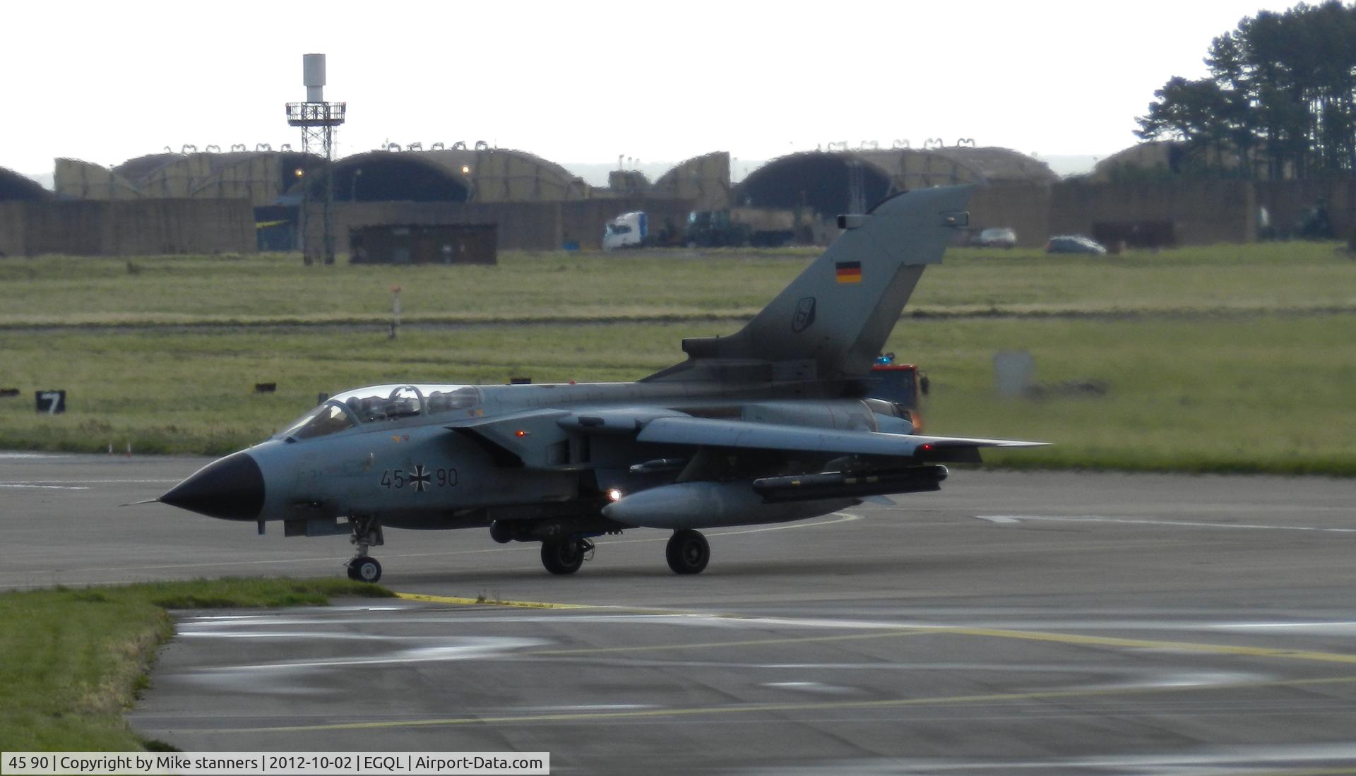 45 90, Panavia Tornado IDS C/N 720/GS231/4290, JBG-33 Tornado IDS arrives back at Leuchars after an early morning joint warrior sortie carrying 2x 330gal tanks,1x lightning laser pod under the fuselage,1x BOZ-101 chaff/flare pod,1xCerebrus III ECM pod1x AIM-9L Sidewinder (AR),1x IRIS-T AAM