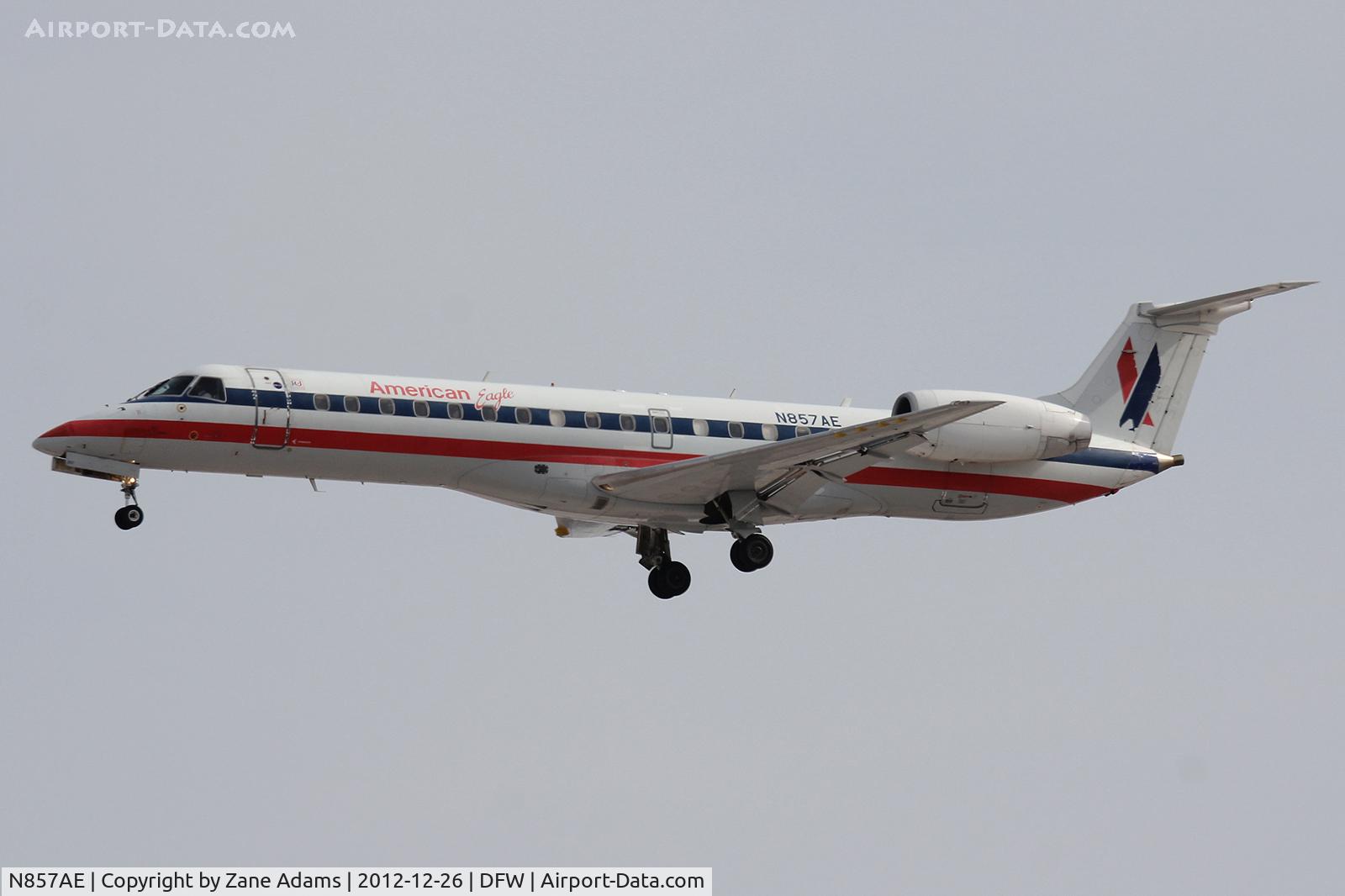 N857AE, 2003 Embraer ERJ-140LR (EMB-135KL) C/N 145752, American Eagle landing at DFW Airport.