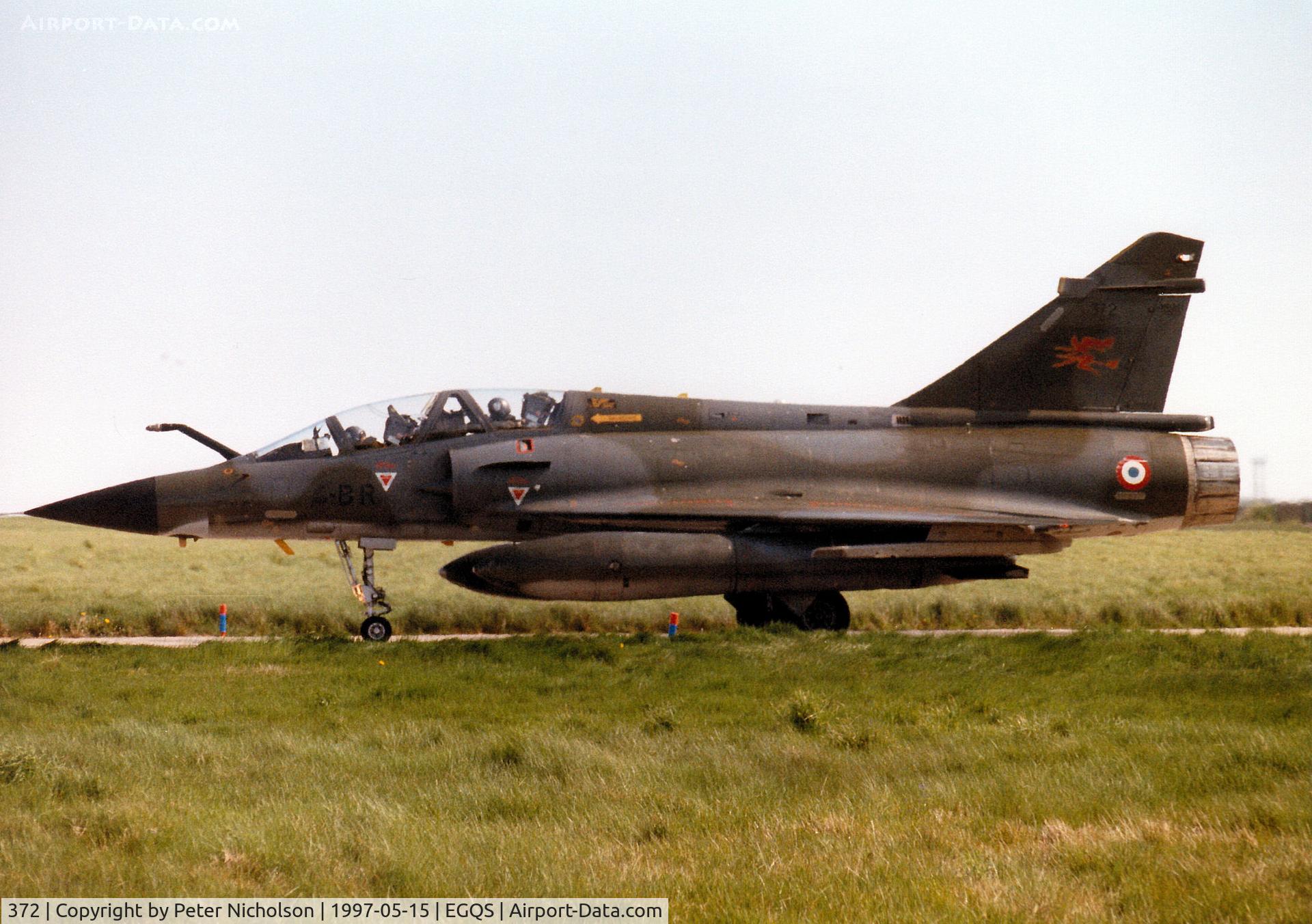 372, Dassault Mirage 2000N C/N 386, Mirage 2000N, callsign French Air Force 4210 Bravo, of EC 02.004 taxying to the active runway at RAF Lossiemouth in the Summer of 1997.