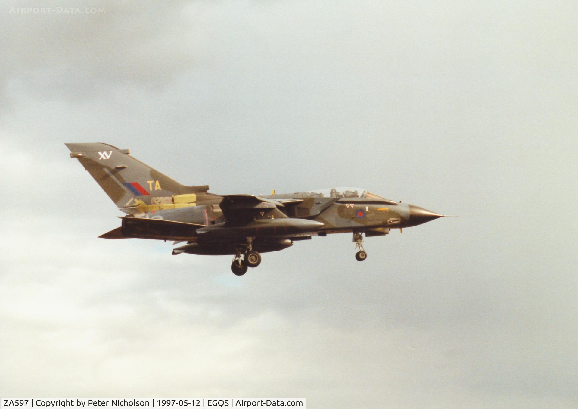 ZA597, 1982 Panavia Tornado GR.1 C/N 116/BS038/3061, Tornado GR.1, callsign Abbot 3, of 15[Reserve] Squadron on final approach to Runway 23 at RAF Lossiemouth in the Summer of 1997.