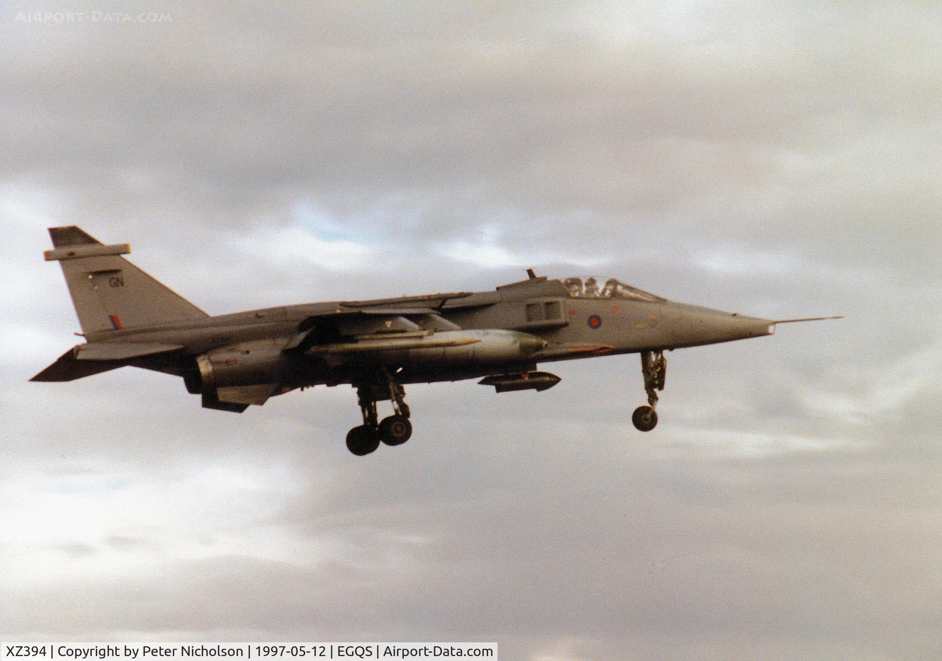 XZ394, 1977 Sepecat Jaguar GR.1A C/N S.159, Jaguar GR.1A of 54 Squadron at RAF Coltishall on  final approach to Runway 05 at RAF Lossiemouth in the Summer of 1997.