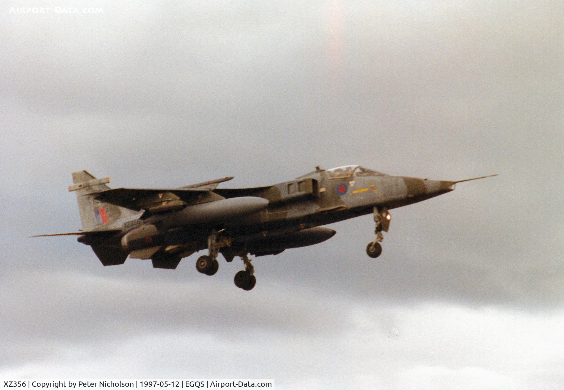 XZ356, 1976 Sepecat Jaguar GR.1A C/N S.123, Jaguar GR.1A, callsign Boxer 7, of 6 Squadron at RAF Coltishall on final approach to Runway 05 at RAF Lossiemouth in the Summer of 1997.