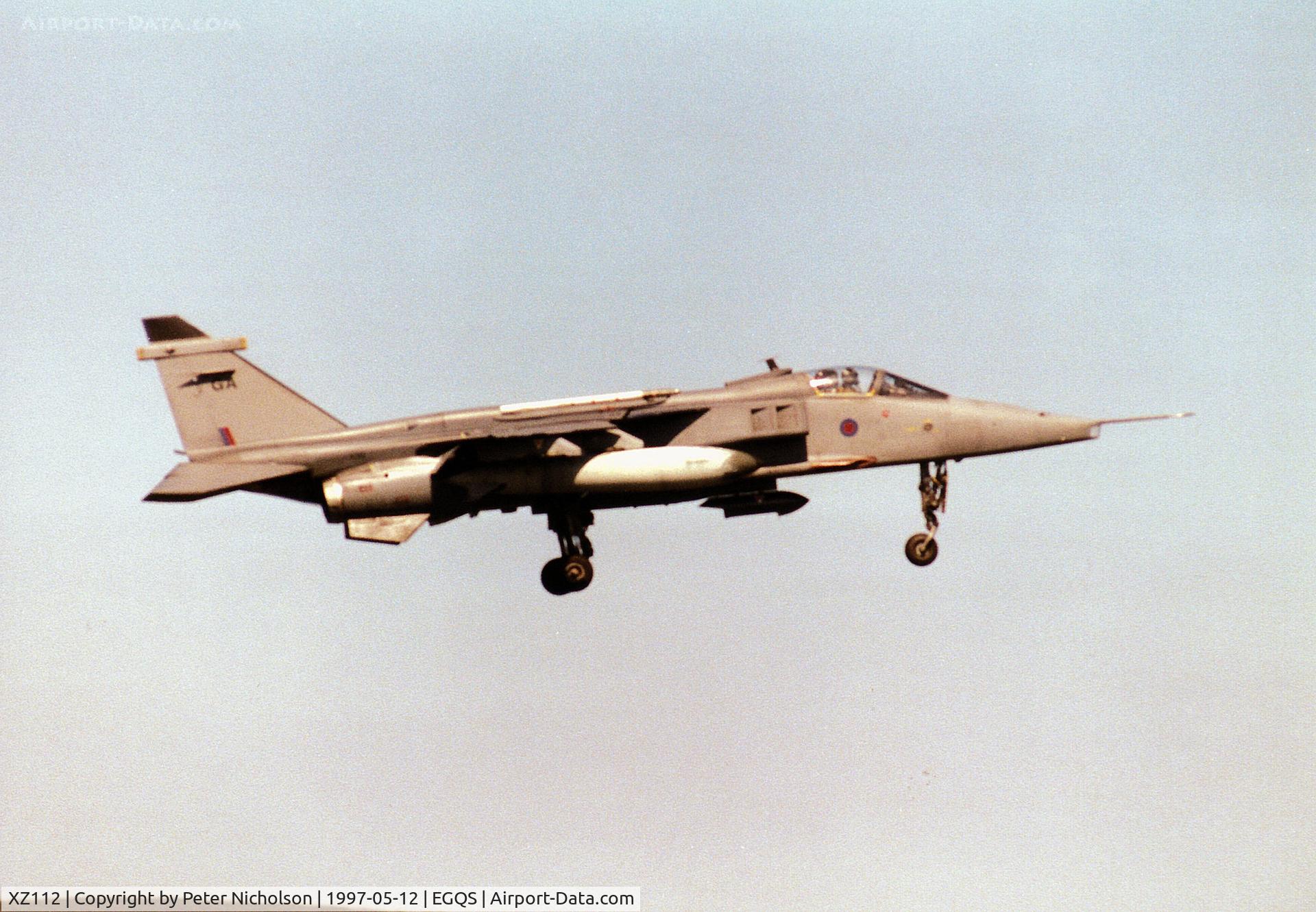 XZ112, 1976 Sepecat Jaguar GR.1A C/N S.113, Jaguar GR.1A, callsign Cresta 1, of 54 Squadron at RAF Coltishall on final approach to Runway 05 at RAF Lossiemouth in the Summer of 1997.
