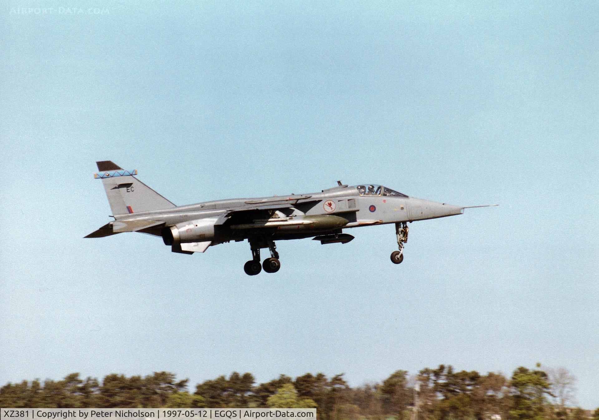 XZ381, 1977 Sepecat Jaguar GR.1A C/N S.146, Jaguar GR.1A, callsign Boxer 1, of 6 Squadron at RAF Coltishall on final approach to Runway 05 at RAF Lossiemouth in the Summer of 1997.