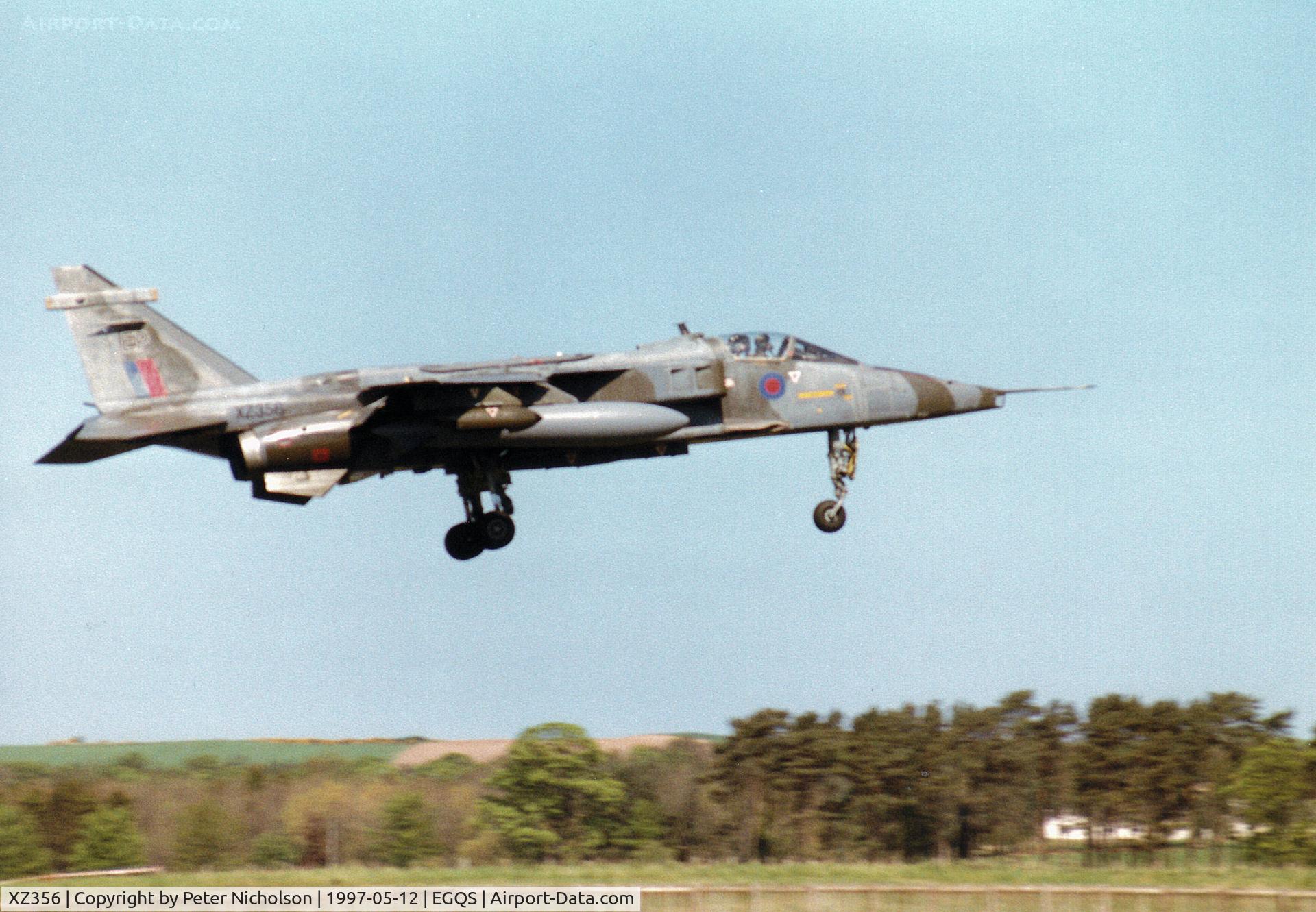 XZ356, 1976 Sepecat Jaguar GR.1A C/N S.123, Another view of Jaguar GR.1A, callsign Boxer 7, on finals to Runway 05 at RAF Lossiemouth in the Summer of 1997.