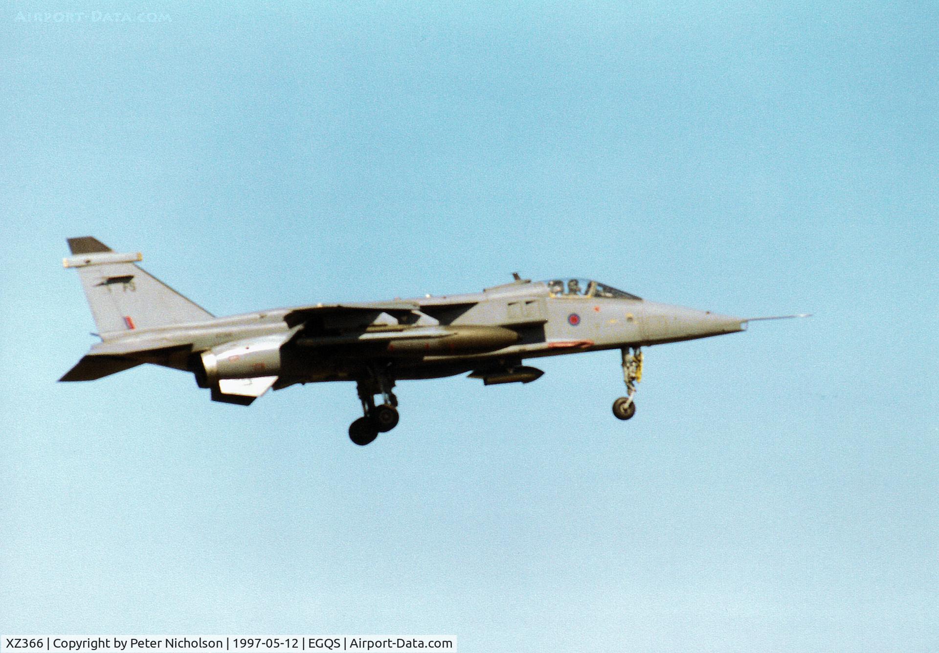 XZ366, 1976 Sepecat Jaguar GR.1A C/N S.133, Jaguar GR.1A, callsign Rebel 1, of 41 Squadron at RAF Coltishall on final approach to Runway 05 at RAF Lossiemouth in the Summer of 1997.