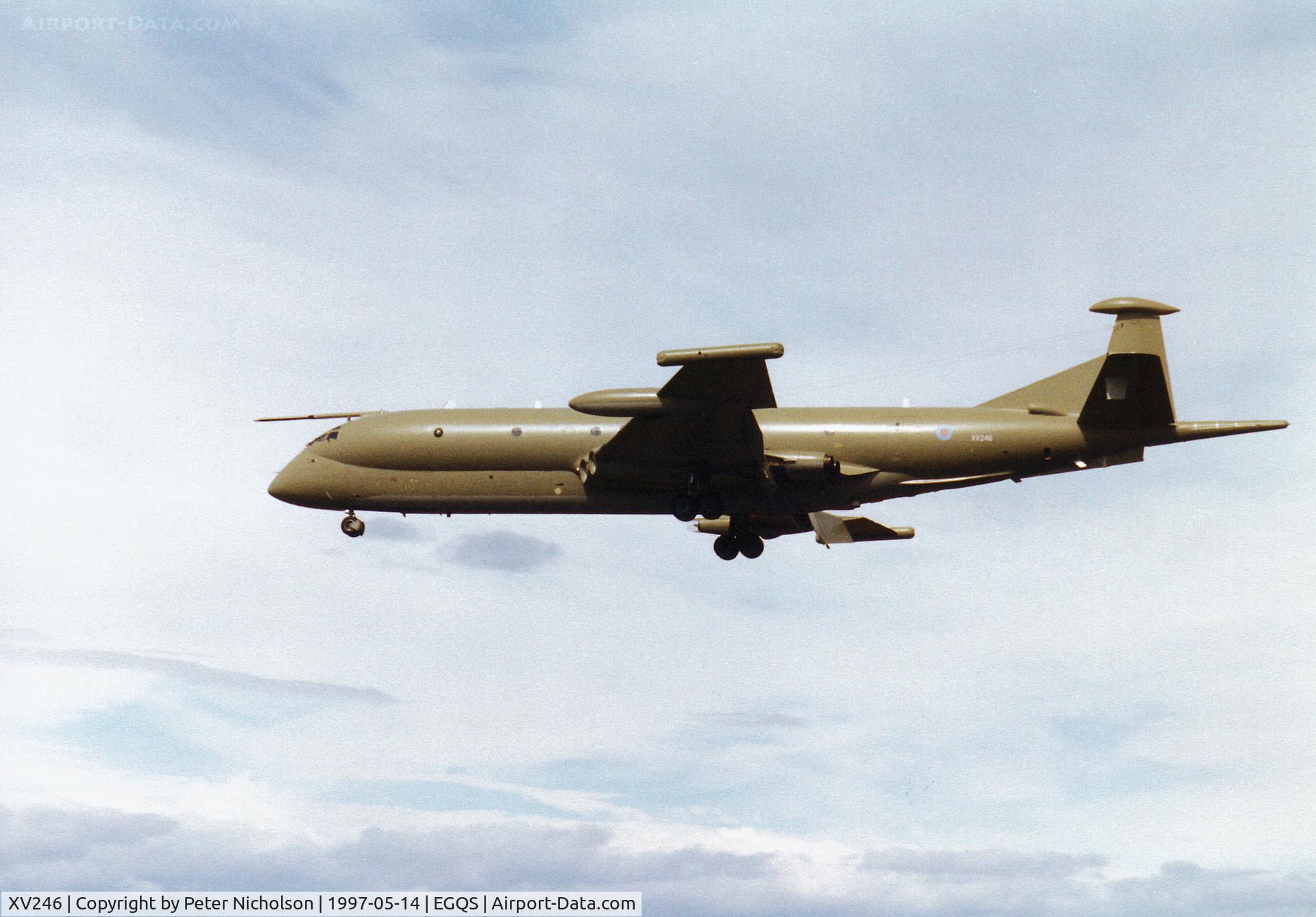 XV246, Hawker Siddeley Nimrod MR.2 C/N 8021, Nimrod MR.2 of the Kinloss Maritime Wing on approach to RAF Lossiemouth in the Summer of 1997.