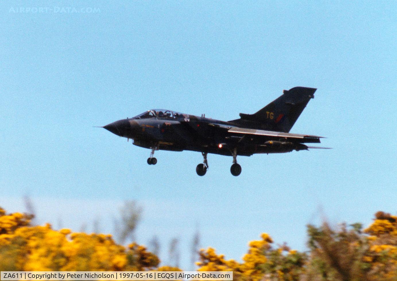 ZA611, 1982 Panavia Tornado GR.1 C/N 148/BS048/3075, Tornado GR.1 of 15[Reserve] Squadron on finals to Runway 23 at RAF Lossiemouth in the Summer of 1997.