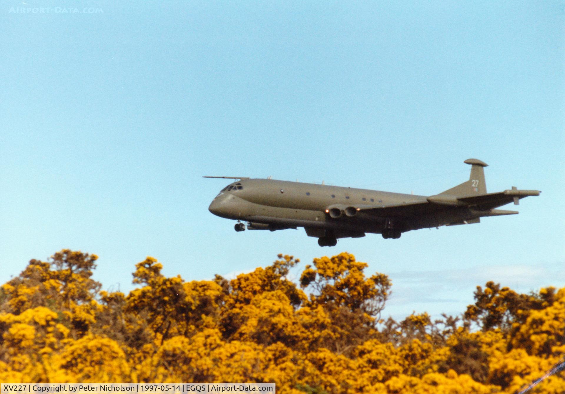 XV227, Hawker Siddeley Nimrod MR.2P C/N 8002, Nimrod MR.2P of the Kinloss Maritime Wing on approach to Runway 23 at RAF Lossiemouth in the Summer of 1997.